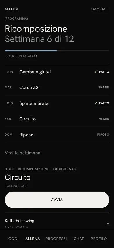 Schermata Allena: il programma Ricomposizione alla settimana 6 di 12, con i giorni fatti e il circuito di oggi da avviare.