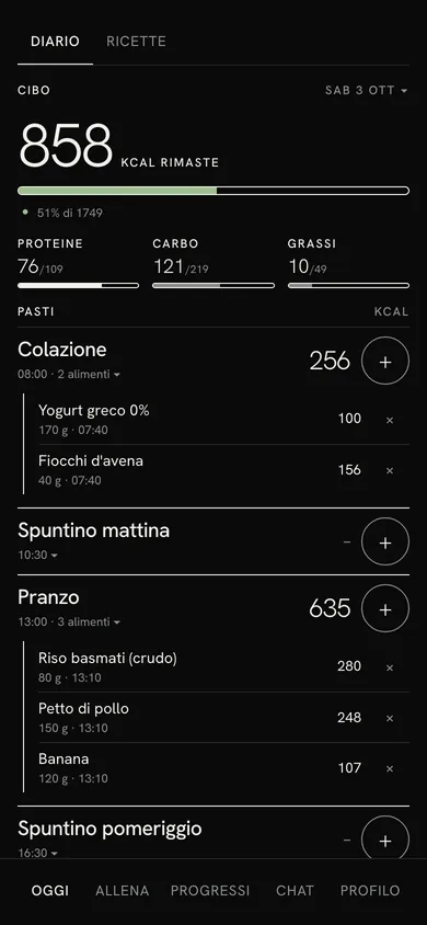 Schermata Cibo: calorie rimaste, proteine, carboidrati e grassi del giorno, con i pasti registrati.