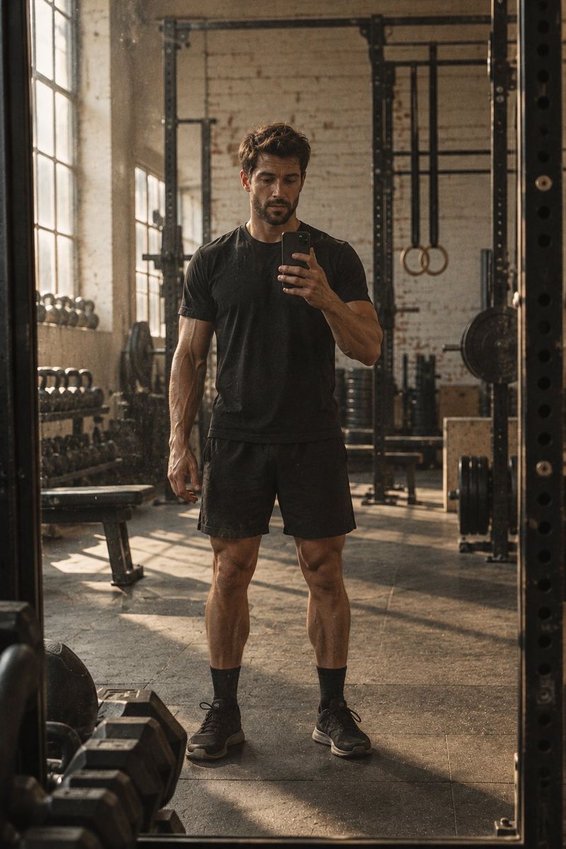 Un cliente in palestra si fotografa allo specchio dopo l'allenamento.